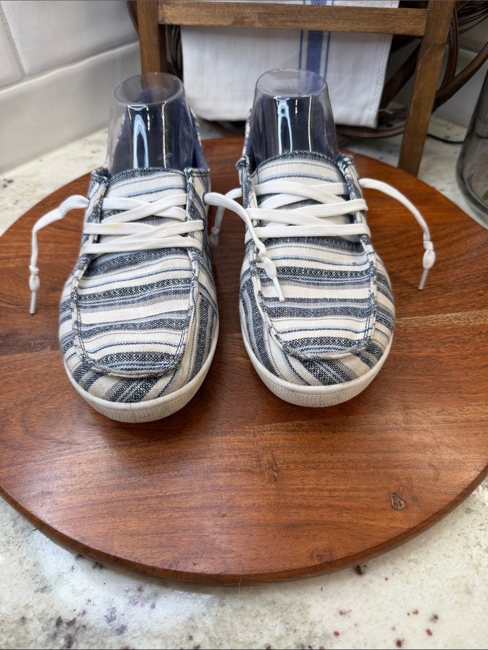 BOBS from Skechers Women's Striped Canvas Slip-On Sneakers in White and Navy